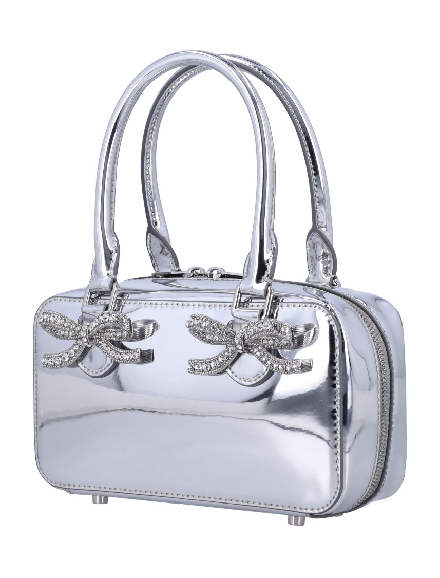 Shop Self-portrait Metallic Leather Mini Tote Bag In Silver