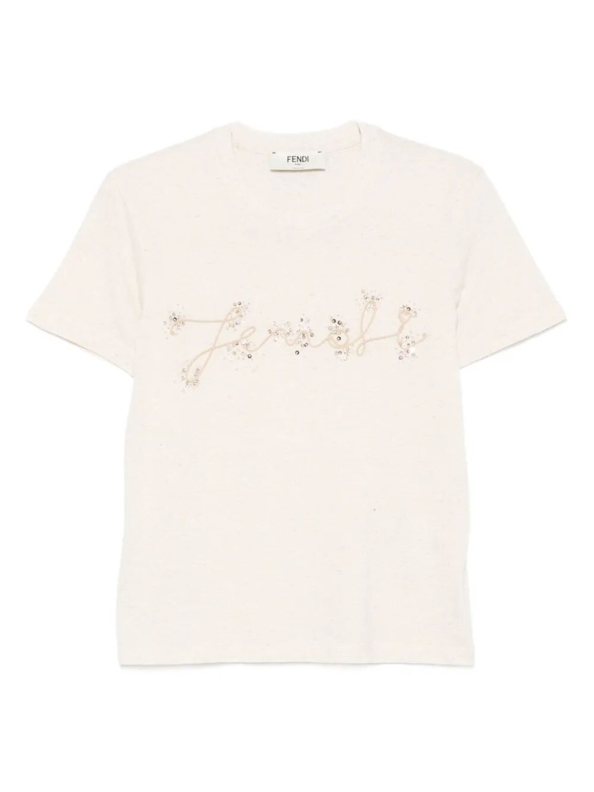 Fendi Beige Cotton And Linen T-shirt With Logo In Neutral