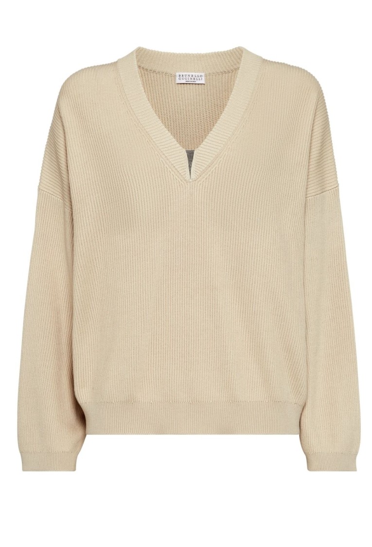 Brunello Cucinelli Light Beige Sweater With Ribbed Details In Brown
