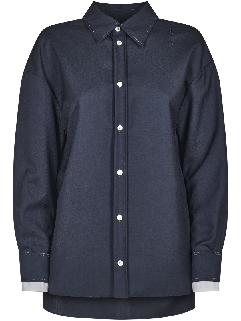 Marni Womens 00b99 Contrast-cuff Relaxed-fit Wool Shirt In Blue