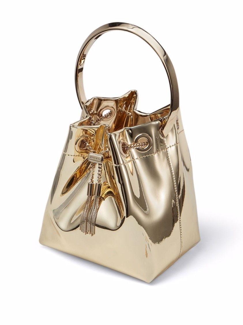 Jimmy Choo Shiny Mirror-effect Bon Bon Bag With Chain Drawstring And Metal Handle In Gold