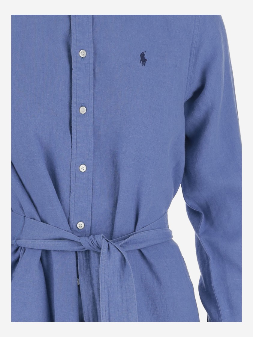 Polo Ralph Lauren Linen Dress With Classic Collar And Adjustable Waist In Blue