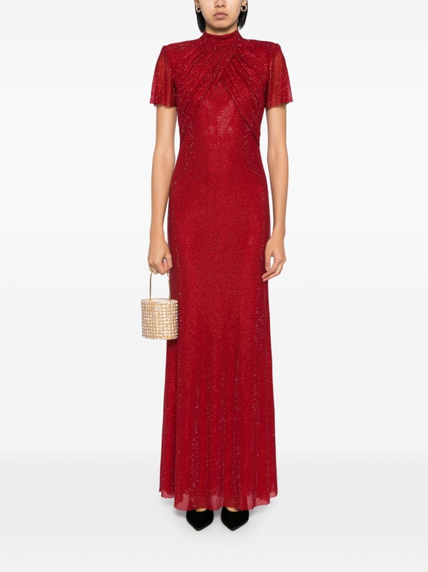 Self-portrait Red Rhinestone Mesh Maxi Dress In Red