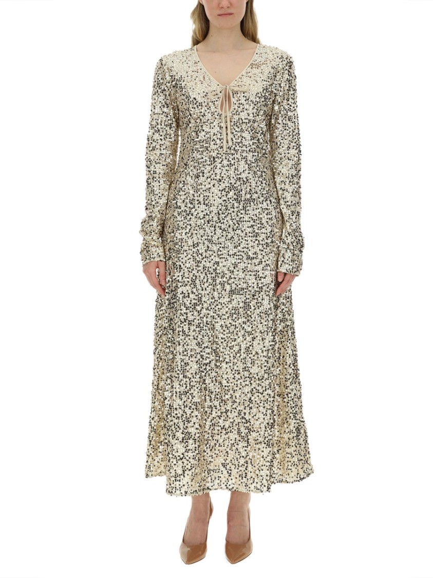 ROTATE BIRGER CHRISTENSEN ROTATE SEQUINED MAXI DRESS WITH DEEP V-NECKLINE