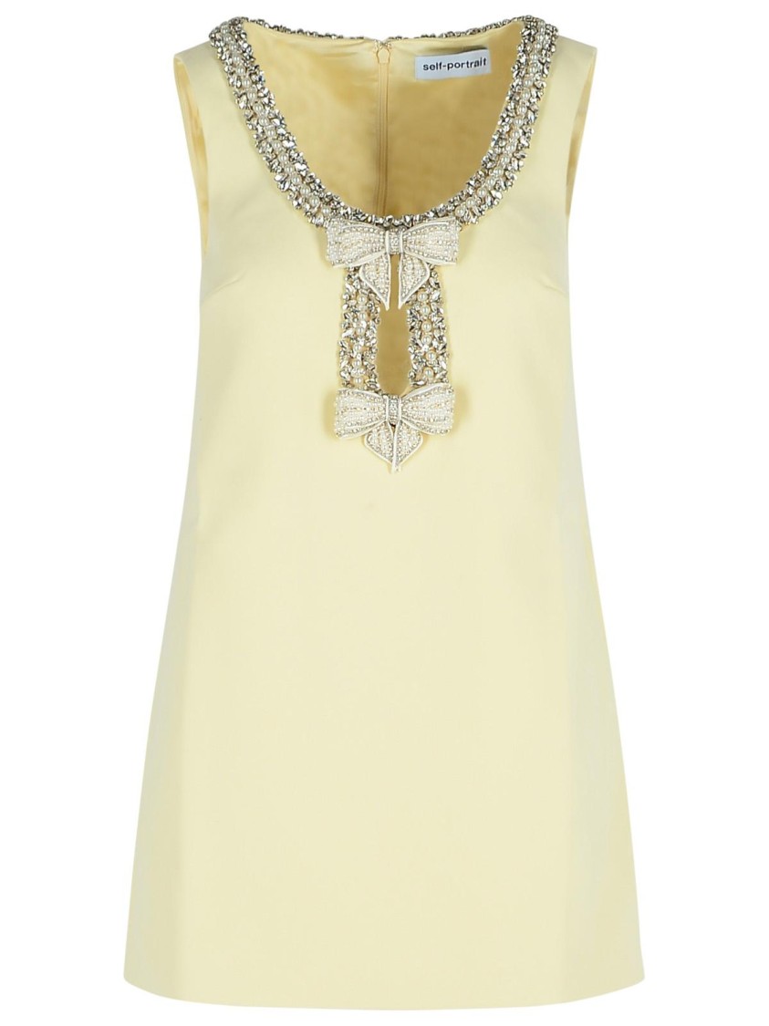 Self-portrait Yellow Crewneck Mini Dress With Jewel Embellishment On The Collar And Bow Detail On The Front In Tec In Nude