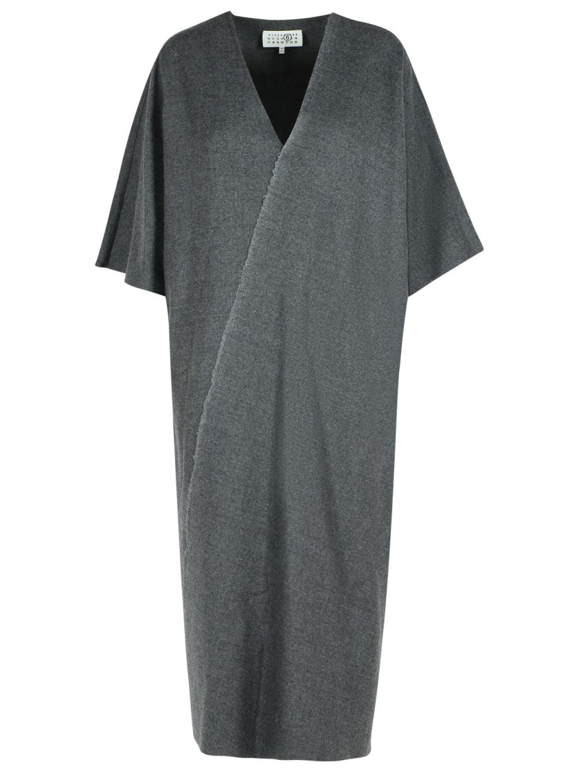 Mm6 Maison Margiela V-neckline Midi Dress Asymmetric Seam In Gray