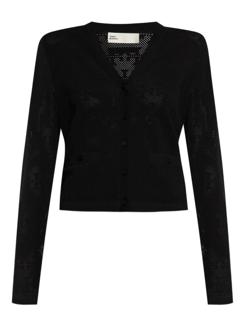 Tシャツ・カットソー Tory Burch Textured Black Button Front Top With V-Neckline Tory Burch Textured Black Button Front Top With V-Neckline