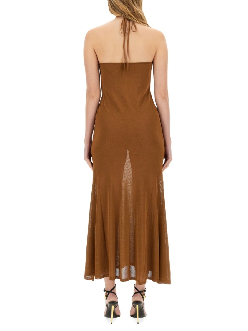 Tom Ford Slinky Viscose Jersey Knit Halterneck Maxi Dress In Brown