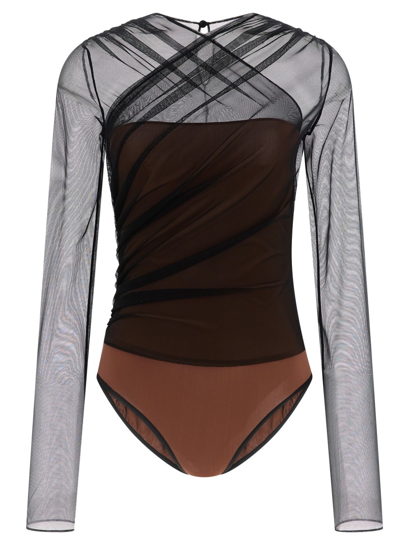 Nensi Dojaka 'mesh Overlay Geometric Pattern Bodysuit' In Brown