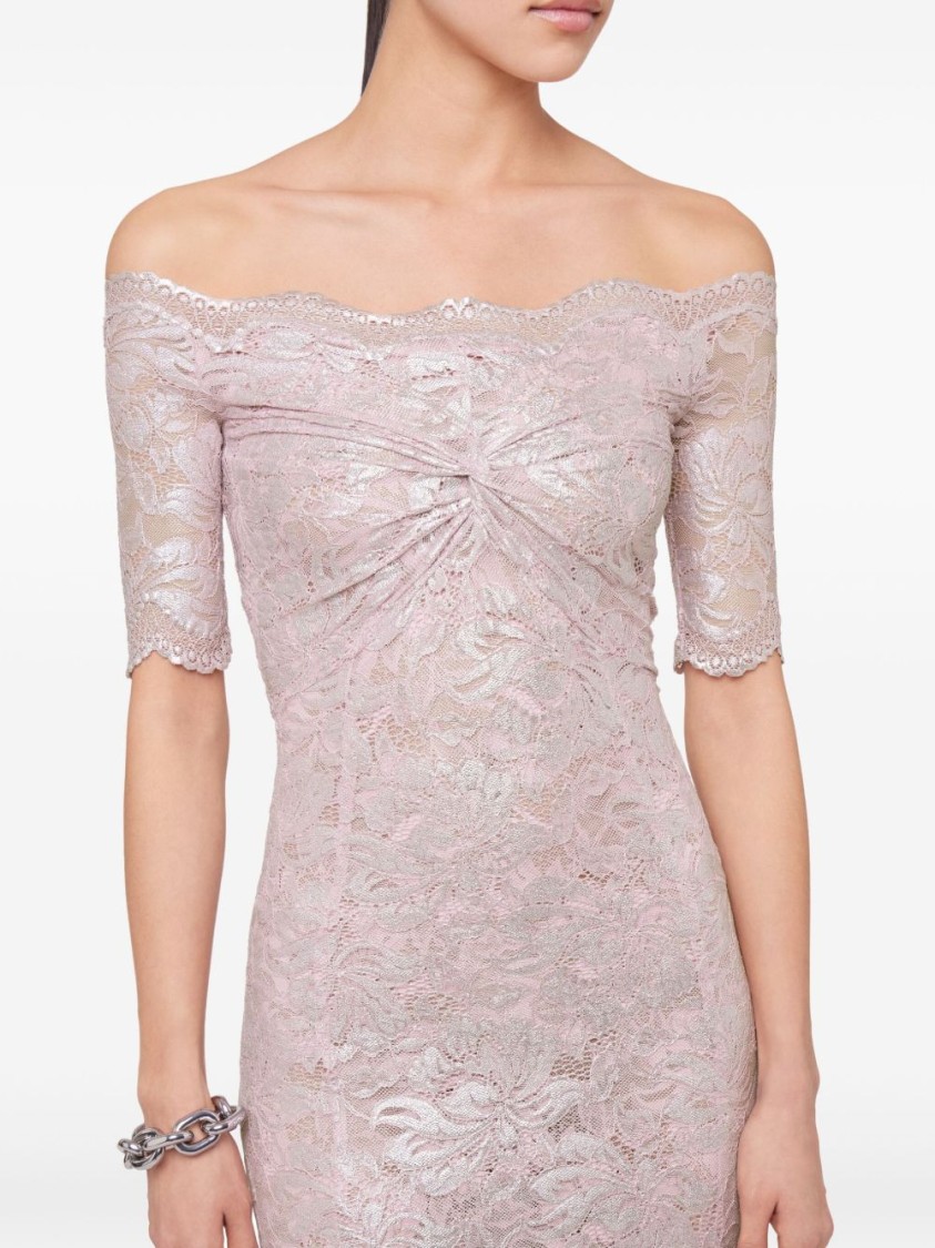 Rabanne Off-the-shoulder Twist-front Metallic Lace Maxi Dress In Silver