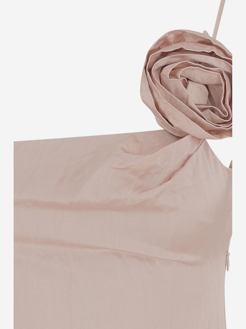 Blumarine Crinkled Satin Dress With 3d Rose In Pink