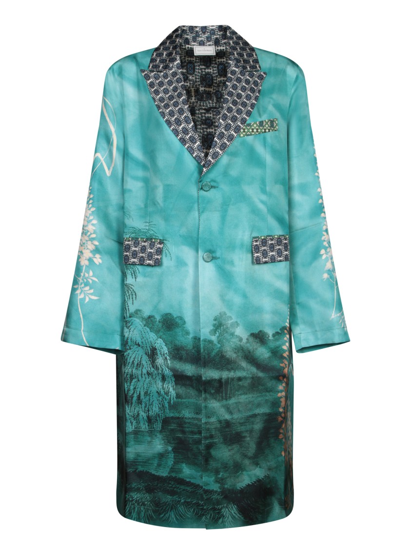 Shop Pierre-louis Mascia Patterned Blue Outerwear With Shawl Collar In Green