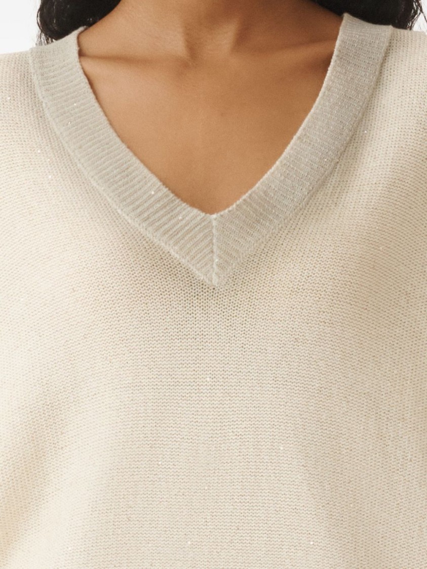 Fabiana Filippi Gradient Effect White Sweater With Deep V-neckline In Neutral