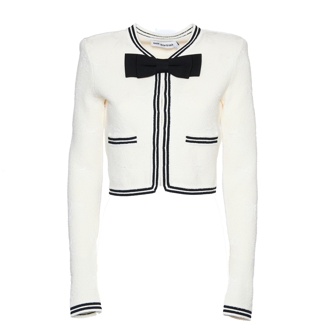 Self-portrait Beige Cardigan With Bow Detail On The Front And Contrasting Trims In Cotton Blend Woman In White
