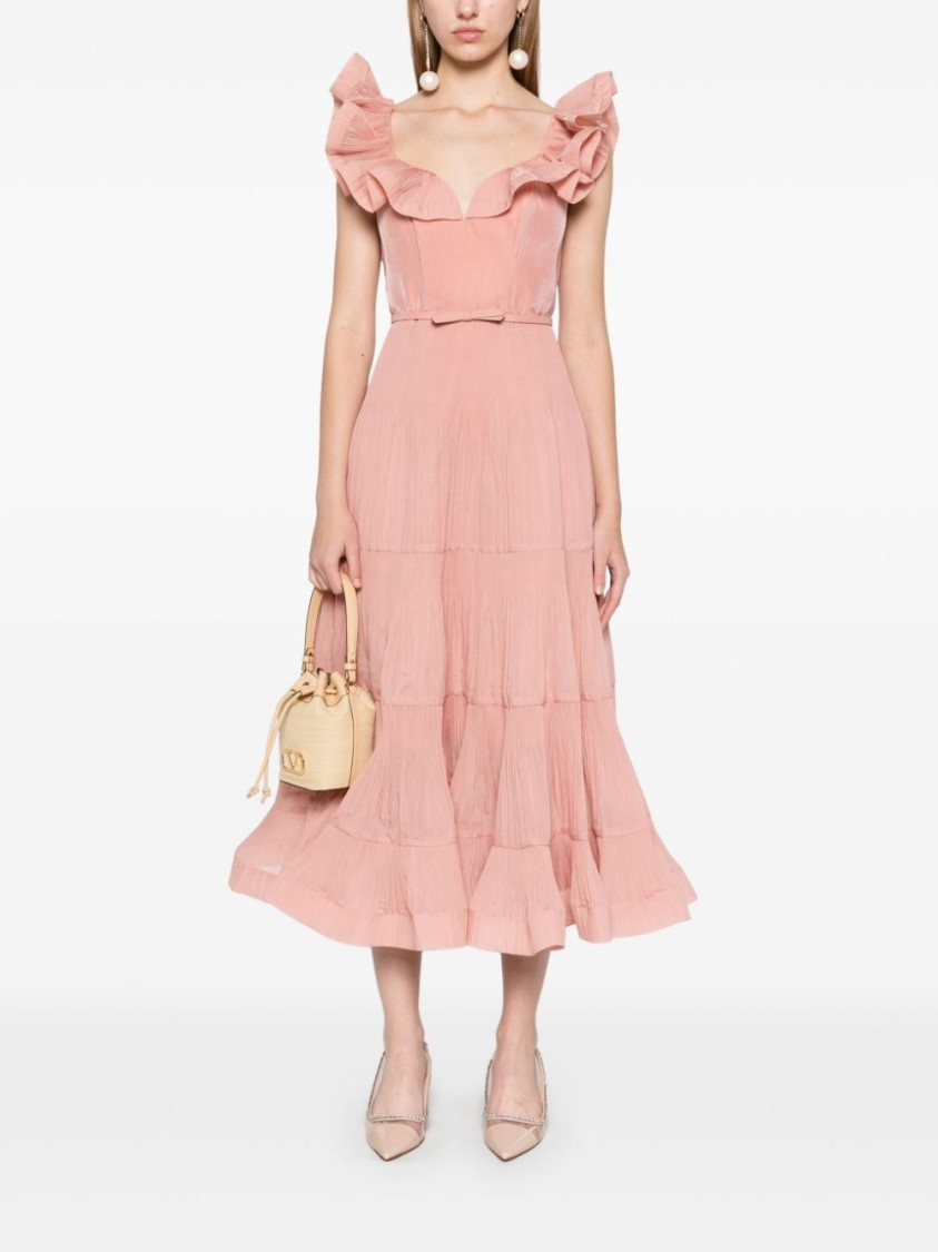 Shop Zimmermann Coral Pink Midi Dress With Pleated Skirt