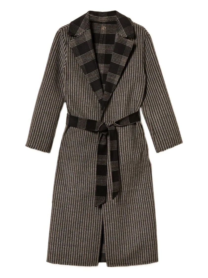 Twinset Twin-set Long Checkered Wool Coat In Gray