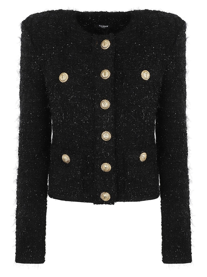 Balmain Collarless Four-pocket Tweed Jacket In Black
