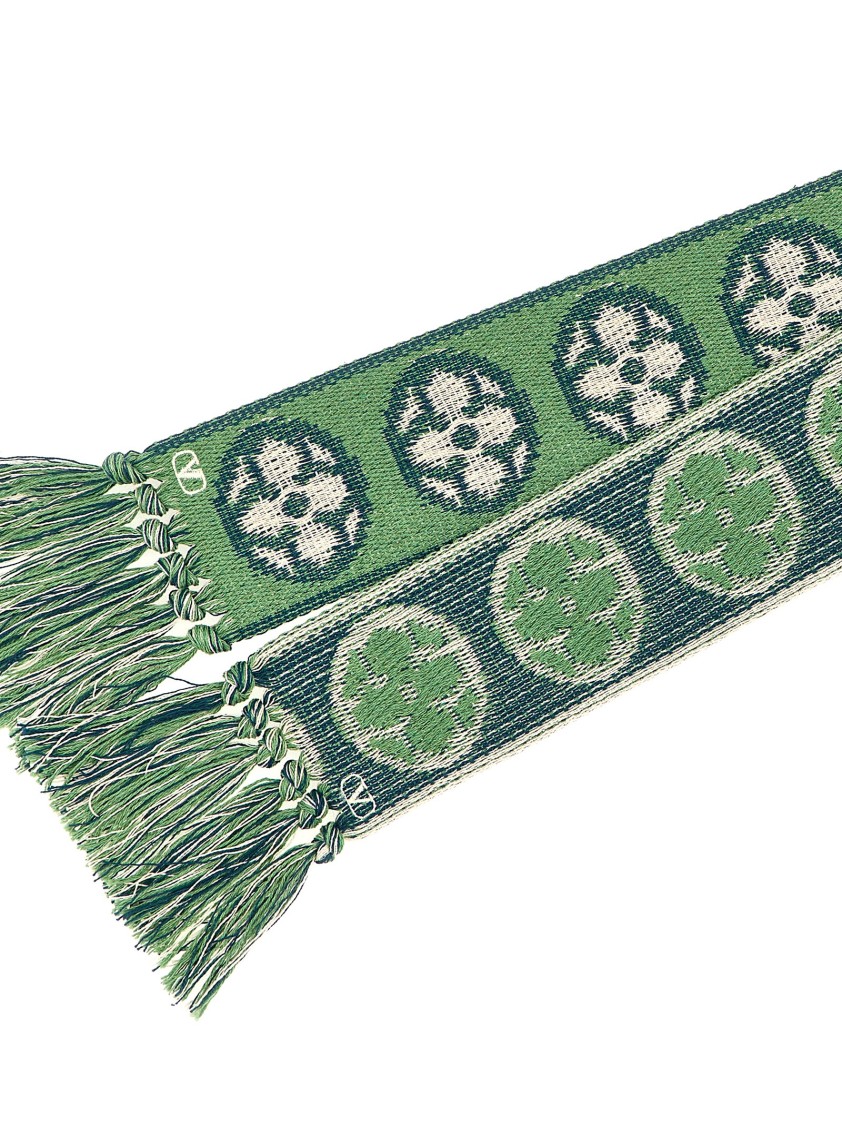Valentino 'antibes' Scarf With Fringe Detailing And Geometric Pattern In Green