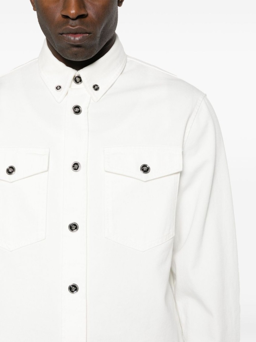 Shop Versace White Medusa Head Buttons Denim Shirt