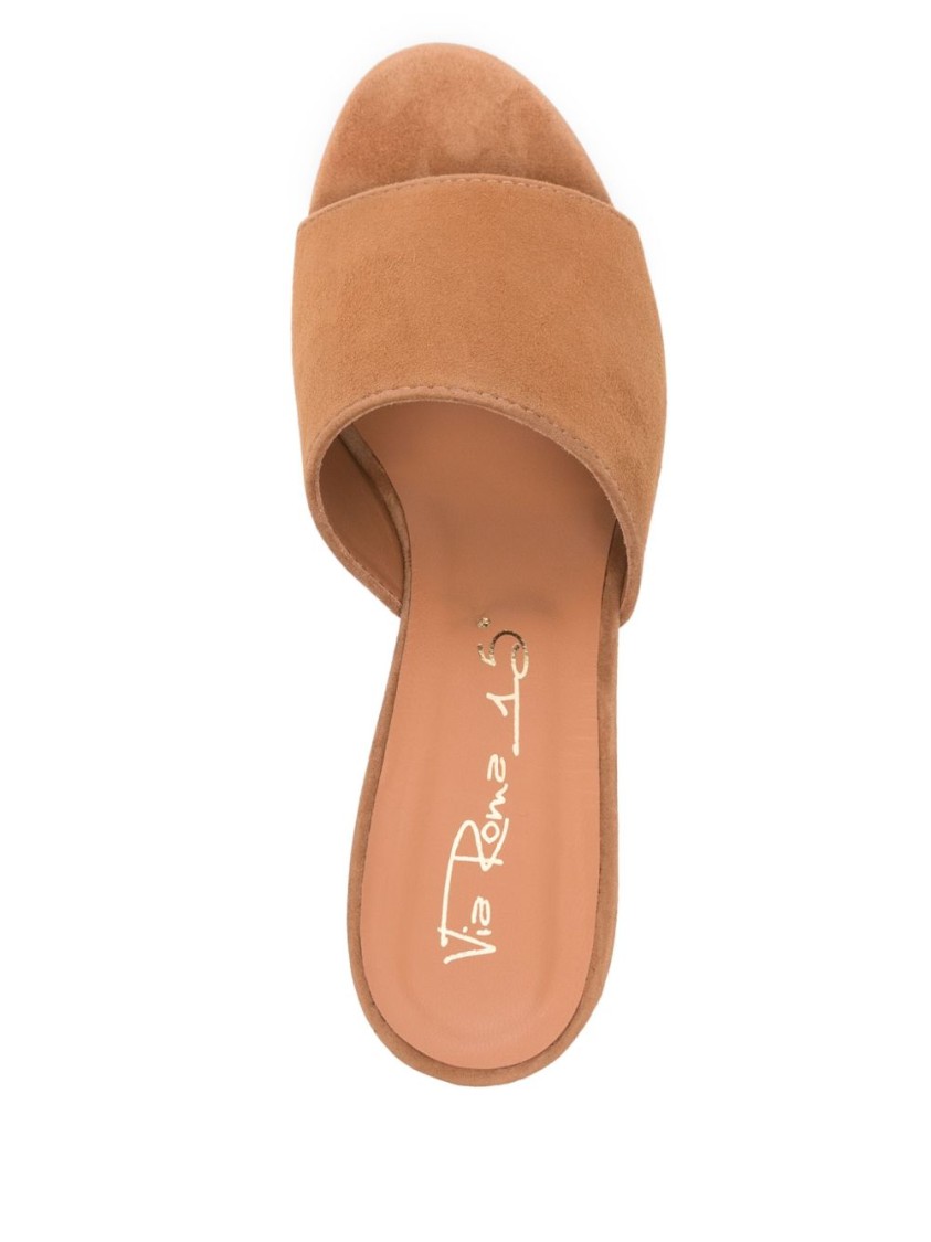 Shop Via Roma 15 Open-toe Suede Mules With Mid Block Heel In Brown