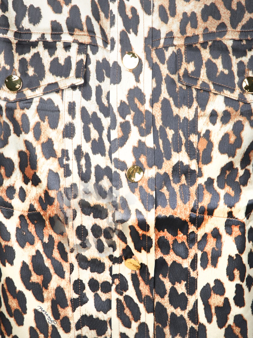 Ganni Leopard Pattern Satin Long Sleeve Shirt In Brown