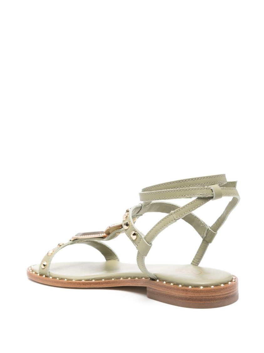 Ash Strappy Green Sandals With Gemstone Embellishments