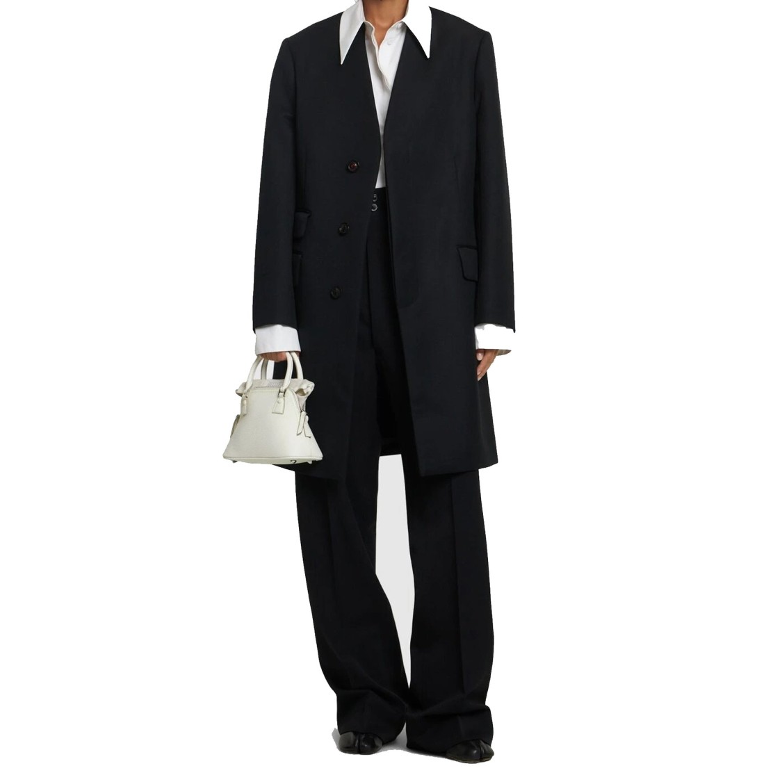 Shop Maison Margiela Loose Fit Black Wool Coat With Padded Shoulders