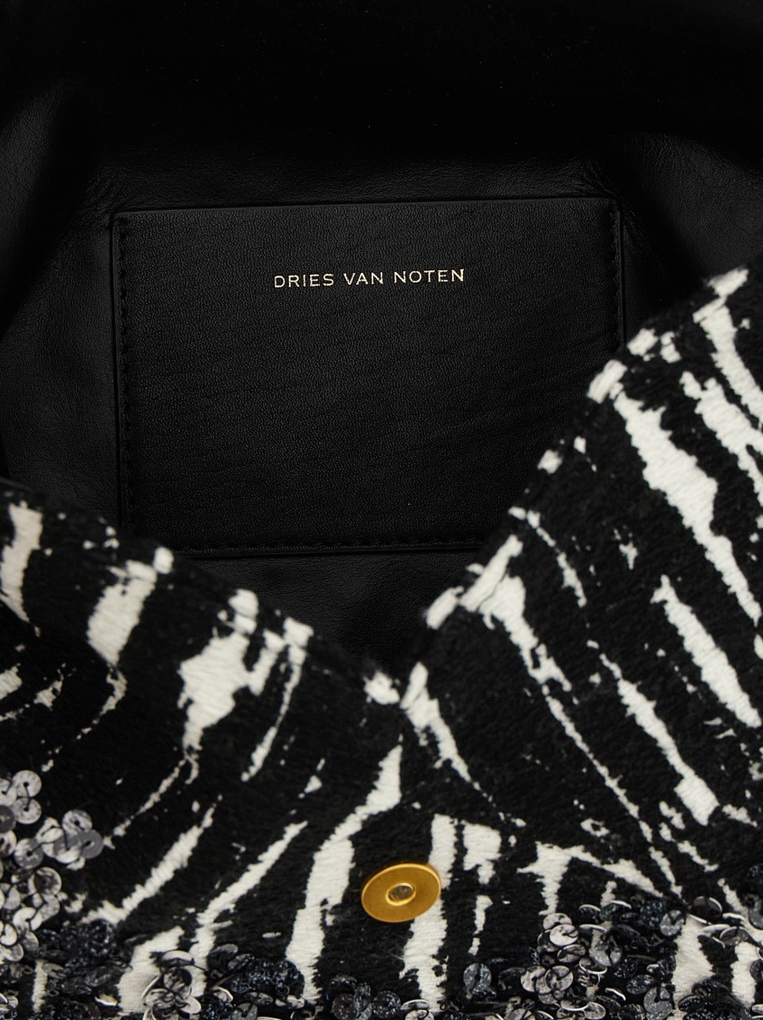 Dries Van Noten Two-tone Pleated Jacquard Clutch With Sequin Detail In Gray