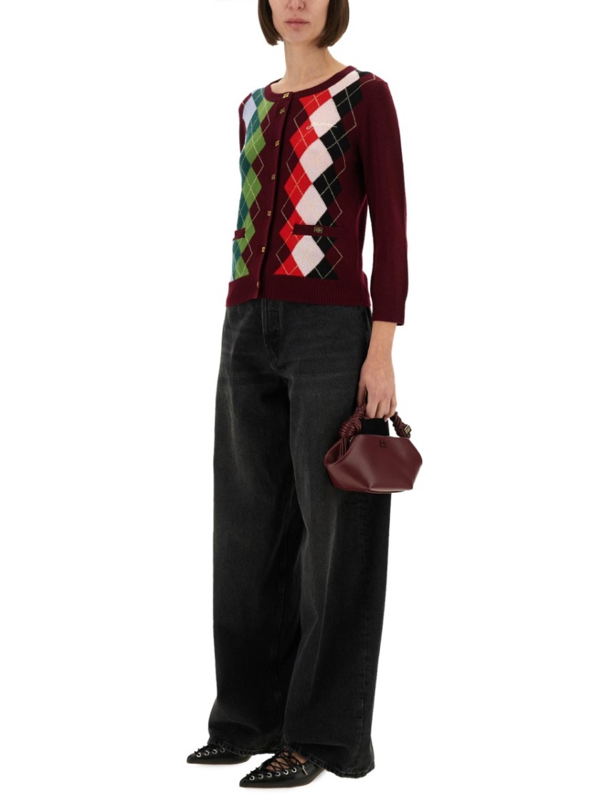 Ganni Womens Tawny Port Rhombus-print Round-neck Wool And Cashmere Cardigan Xl