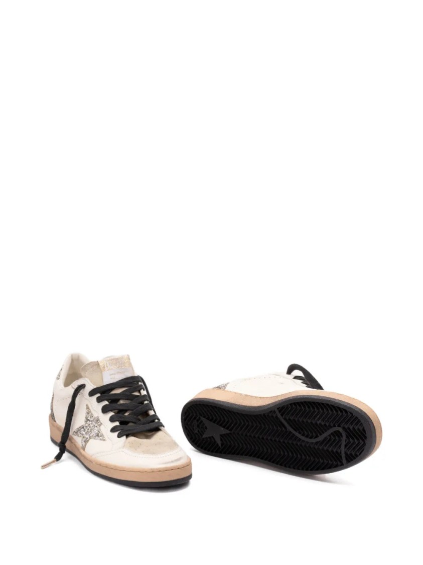 Golden Goose Ballstar White Low Top Sneakers With Glittered Star Patch On The Side And Glittered Heel With Logo L In White
