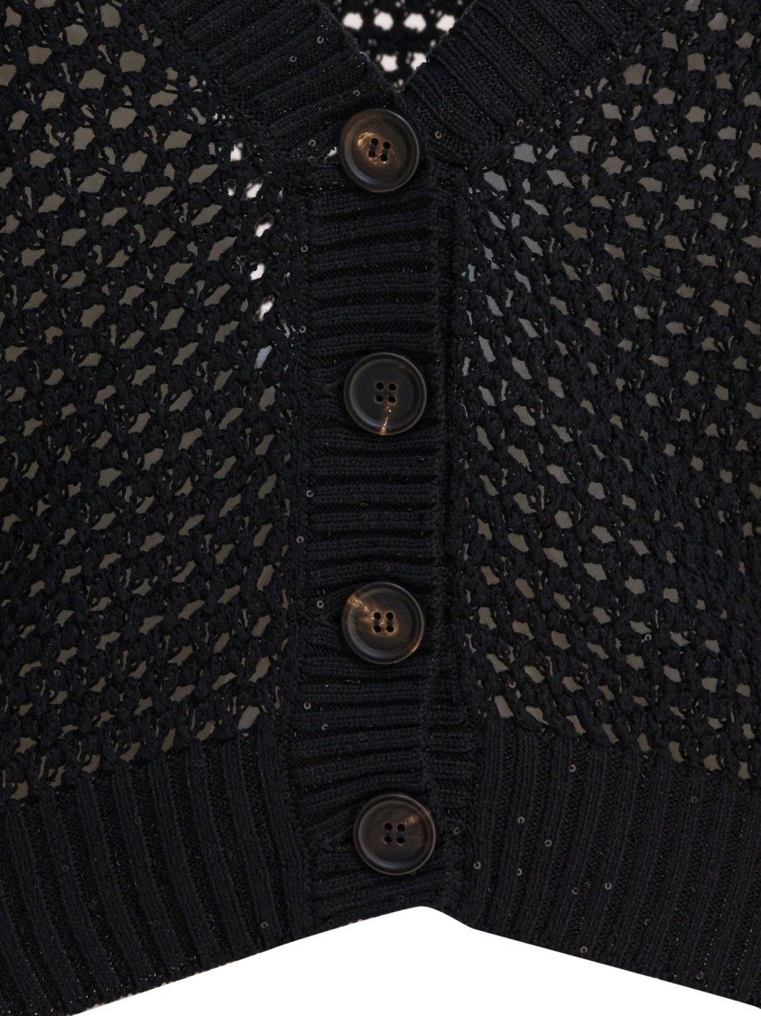 Brunello Cucinelli Open-weave Black Knitwear Cardigan With V-neckline In Black