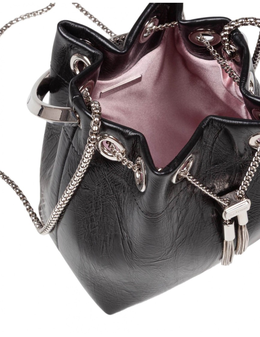 Jimmy Choo Eyelet Chain Bucket Bag With Metallic Handle In Black