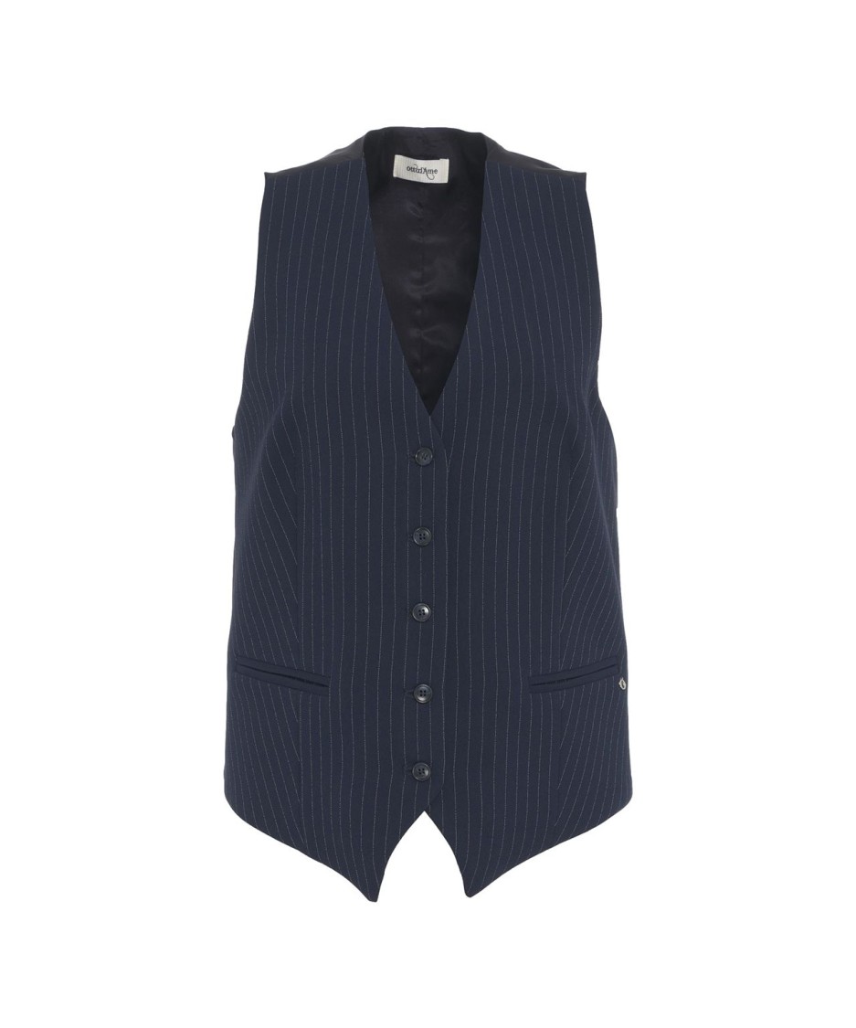 Ottod'ame Blue Pinstripe Vest With V-neckline And Lined Pockets In Blue