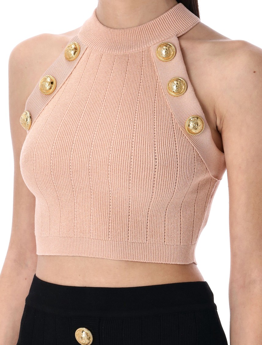 Balmain Ribbed Knit Halterneck Top In Pink