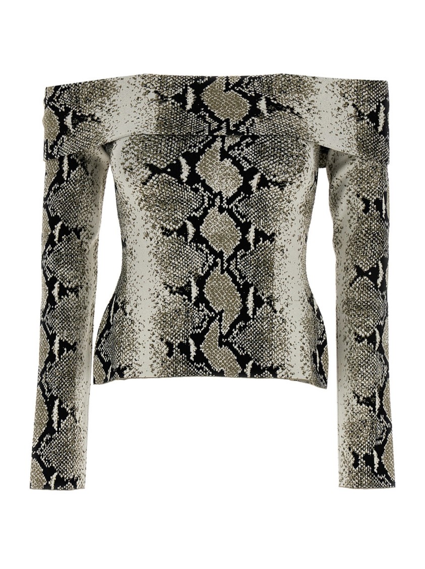 Khaite Vivi Snakeskin-print Foldover Off-the-shoulder Top In Green