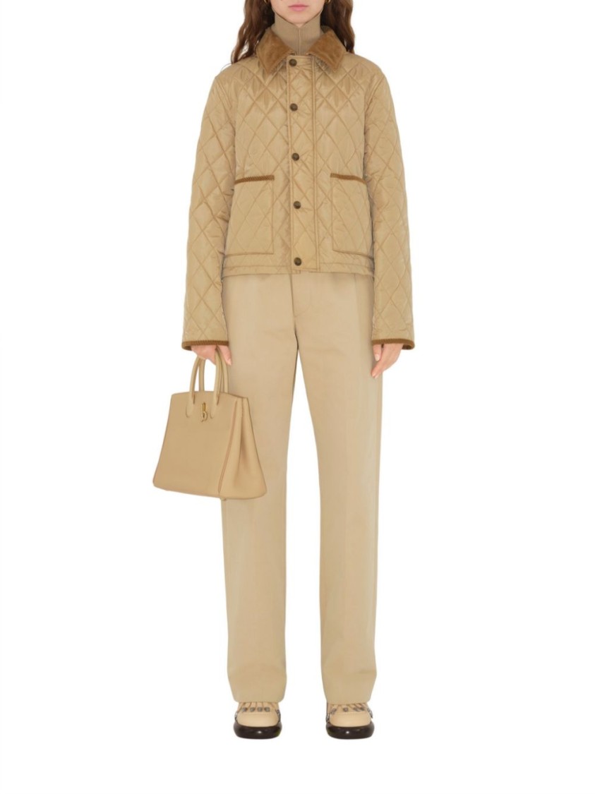 Burberry Quilted Jacket With Corduroy Collar And Pockets In Brown