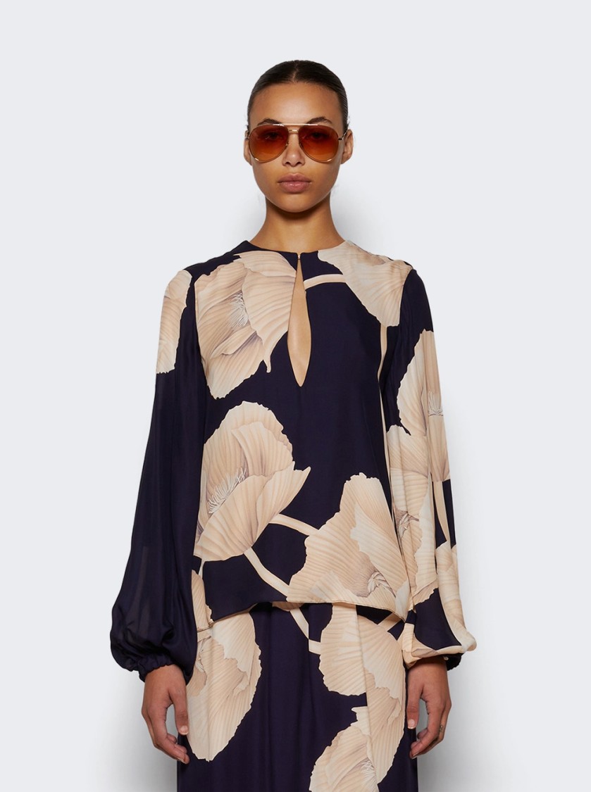 Johanna Ortiz Gotas Florales Long Sleeve Top In Navy In Black