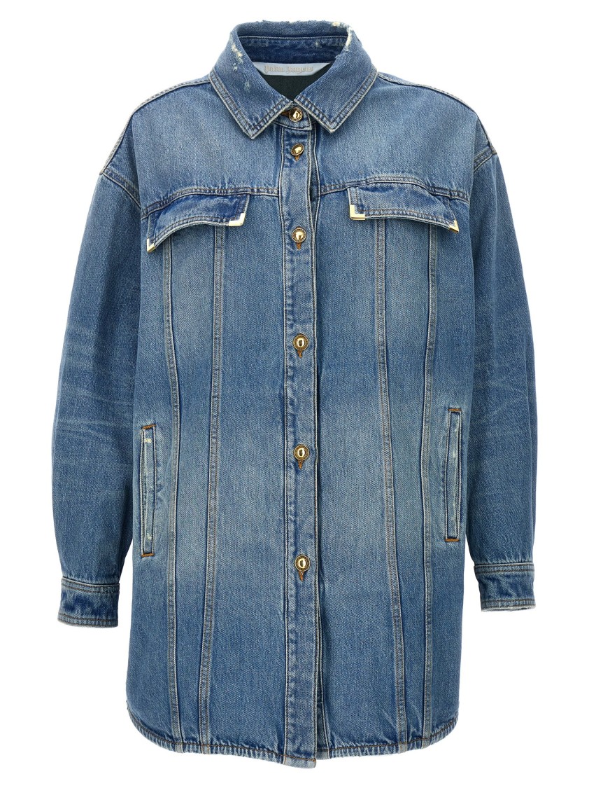 Palm Angels Distressed Logo Jacket Featuring Pockets In Blue