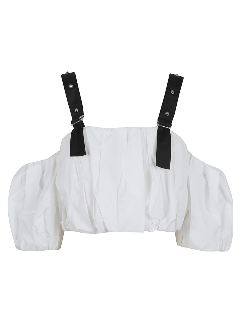 Pinko Cropped Beige Top With Puff Sleeves And Adjustable Straps