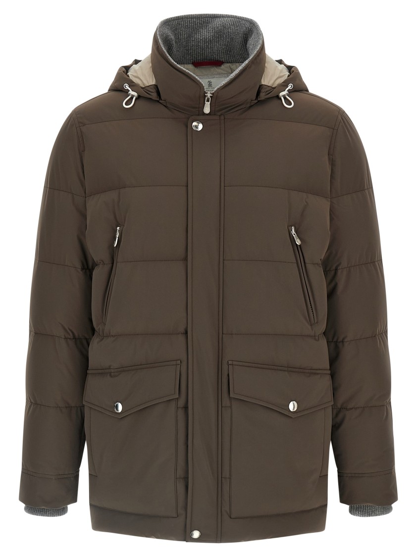 Brunello Cucinelli Knit Insert Down Jacket Puffer Jackets Brown In Gray