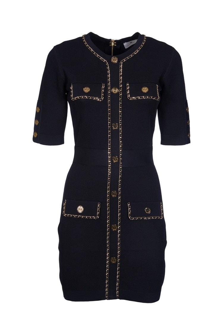 ELISABETTA FRANCHI ELISABETTA FRANCHI FITTED BLACK MINI DRESS WITH BUTTON-DOWN FRONT AND GOLD-CHAIN DETAILING