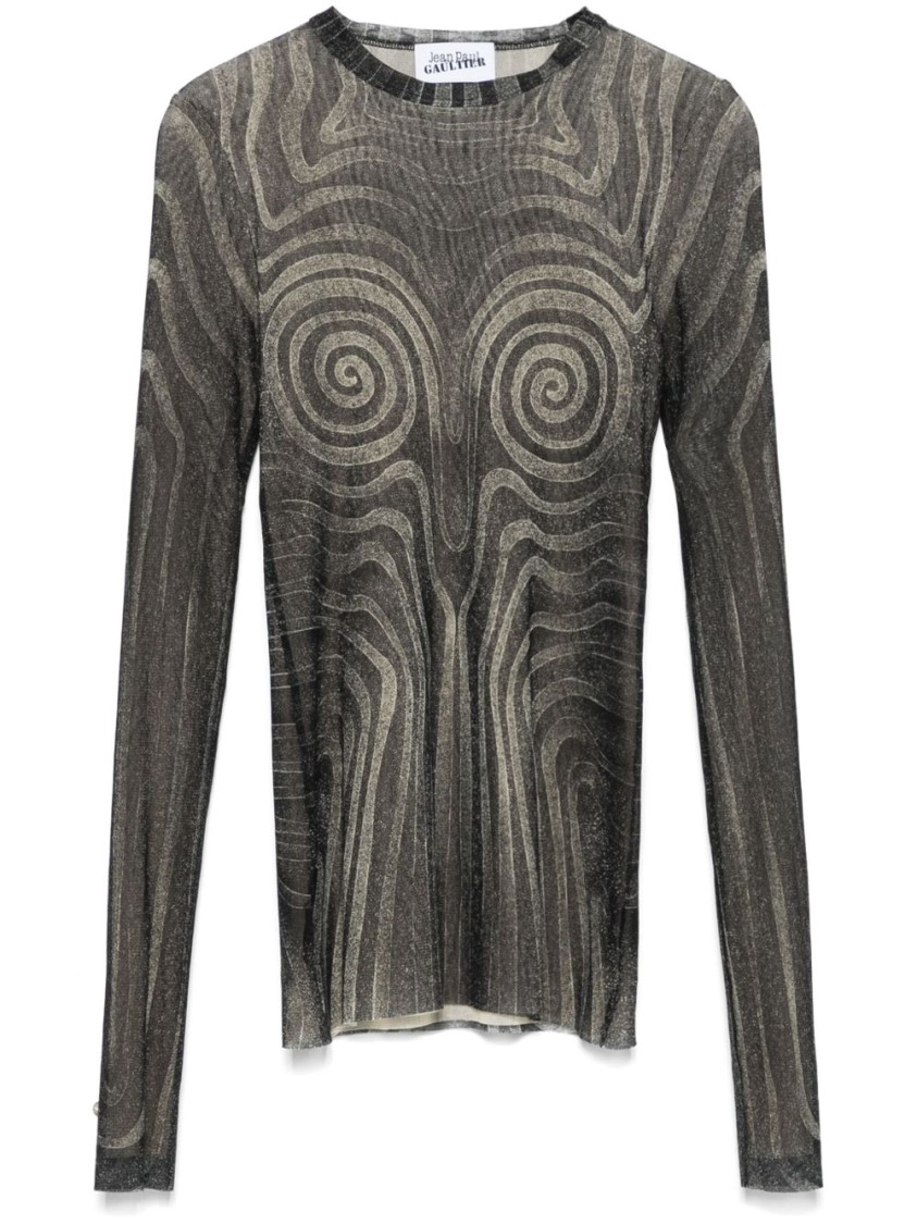 Jean Paul Gaultier Mesh Top With Geometric Pattern And Spiral Print In Black