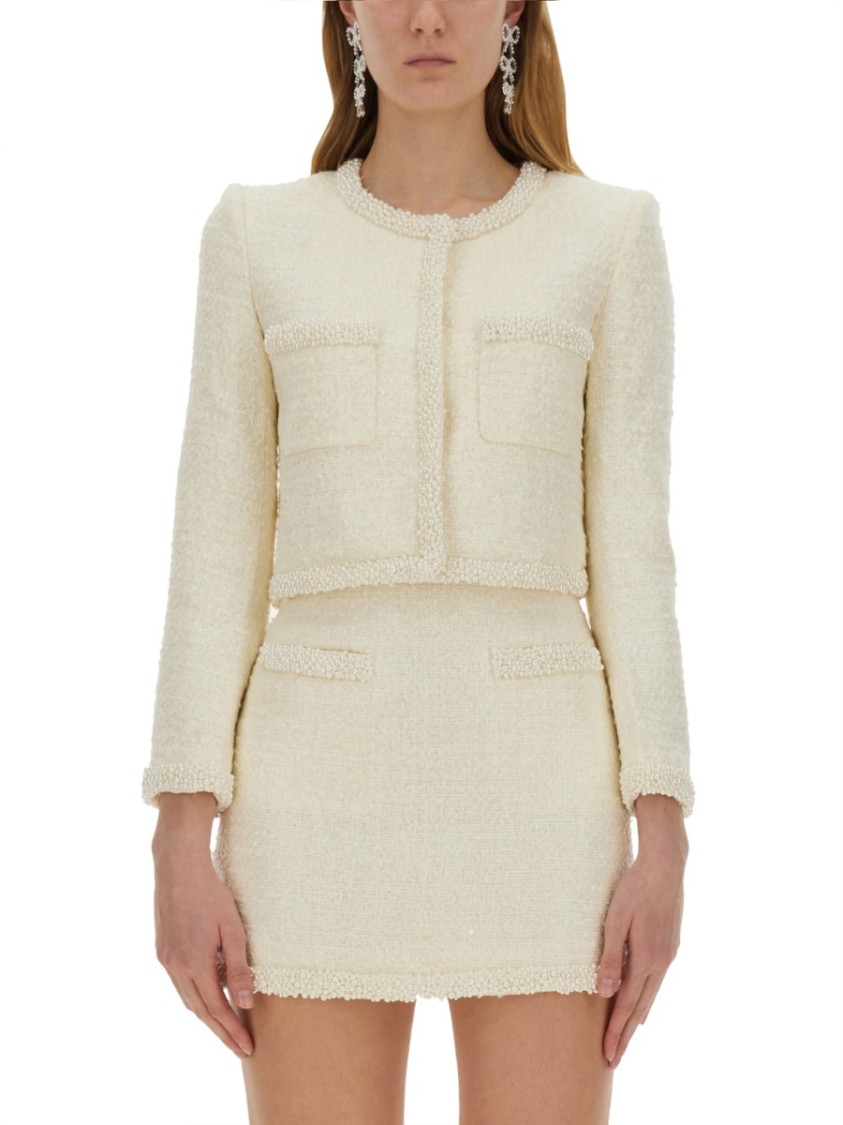 Shop Self-portrait Boucle Jacket With Pearls In Neutrals