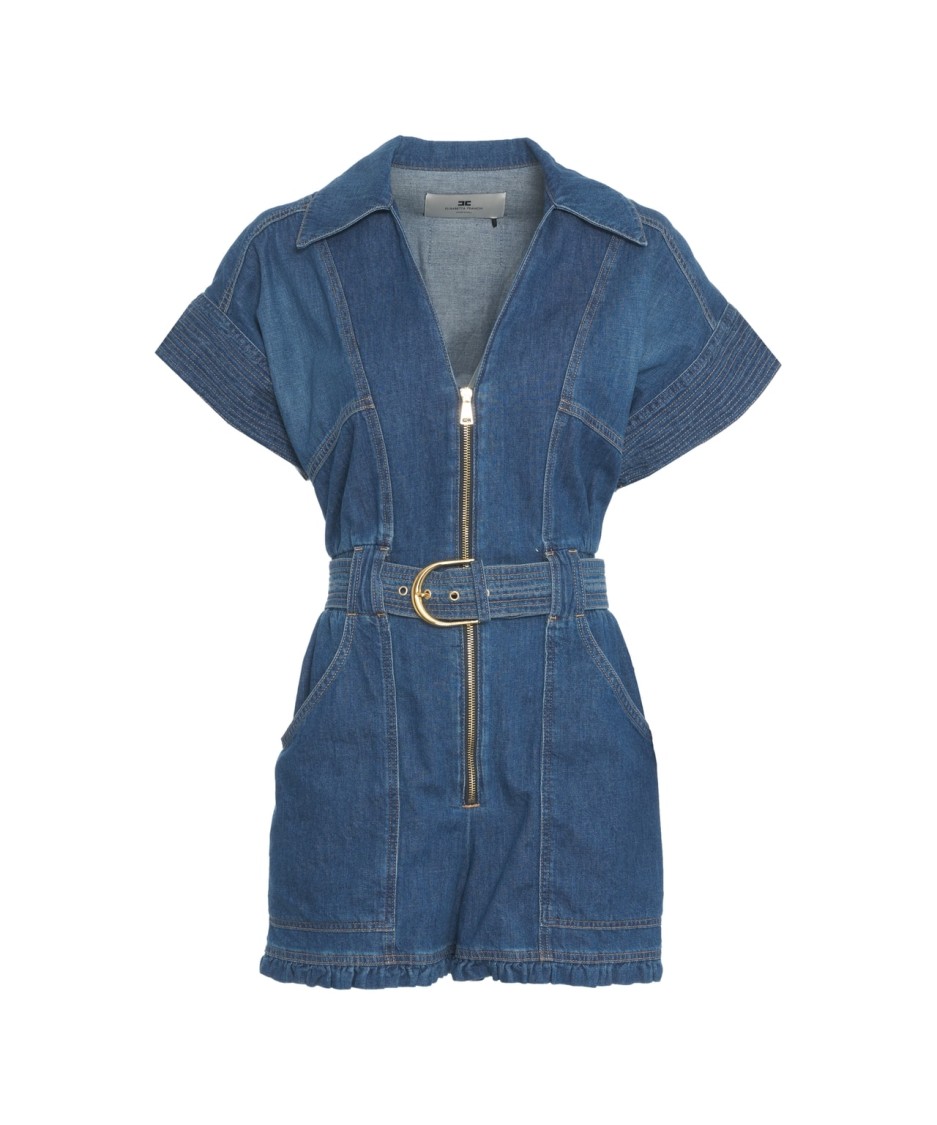 Elisabetta Franchi Mc Short Denim Monkey With Belt Detail In Blue