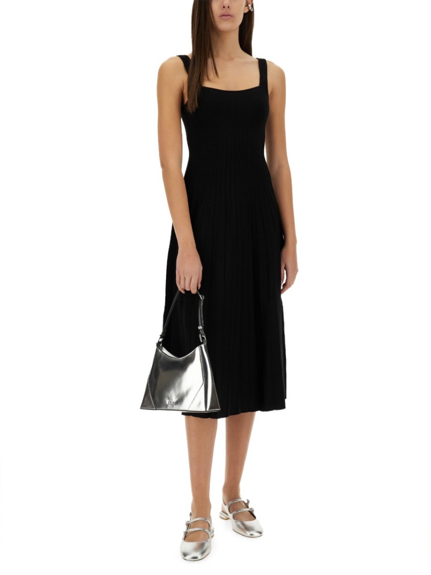 Staud Ellison Pleated Ribbed-knit Midi Dress In Black