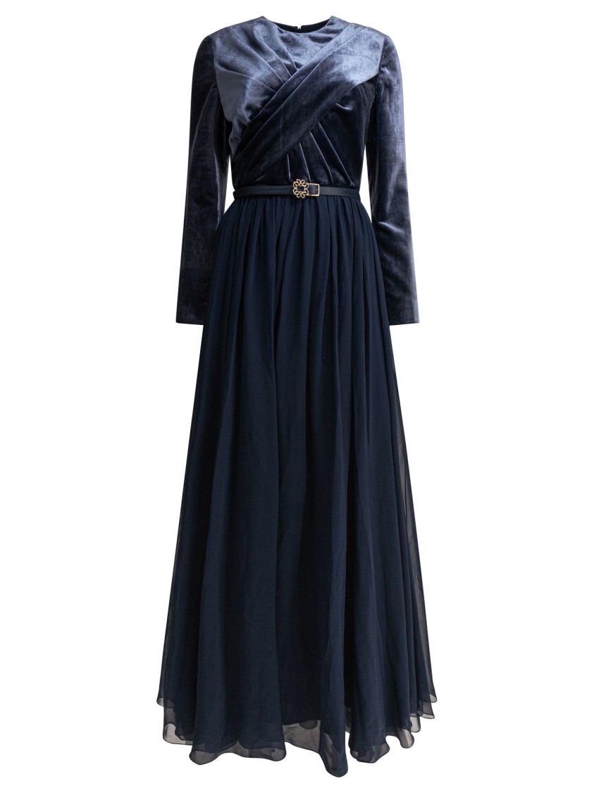 Elie Saab Velvet Pleated Maxi Dress With Belted Waist In Black