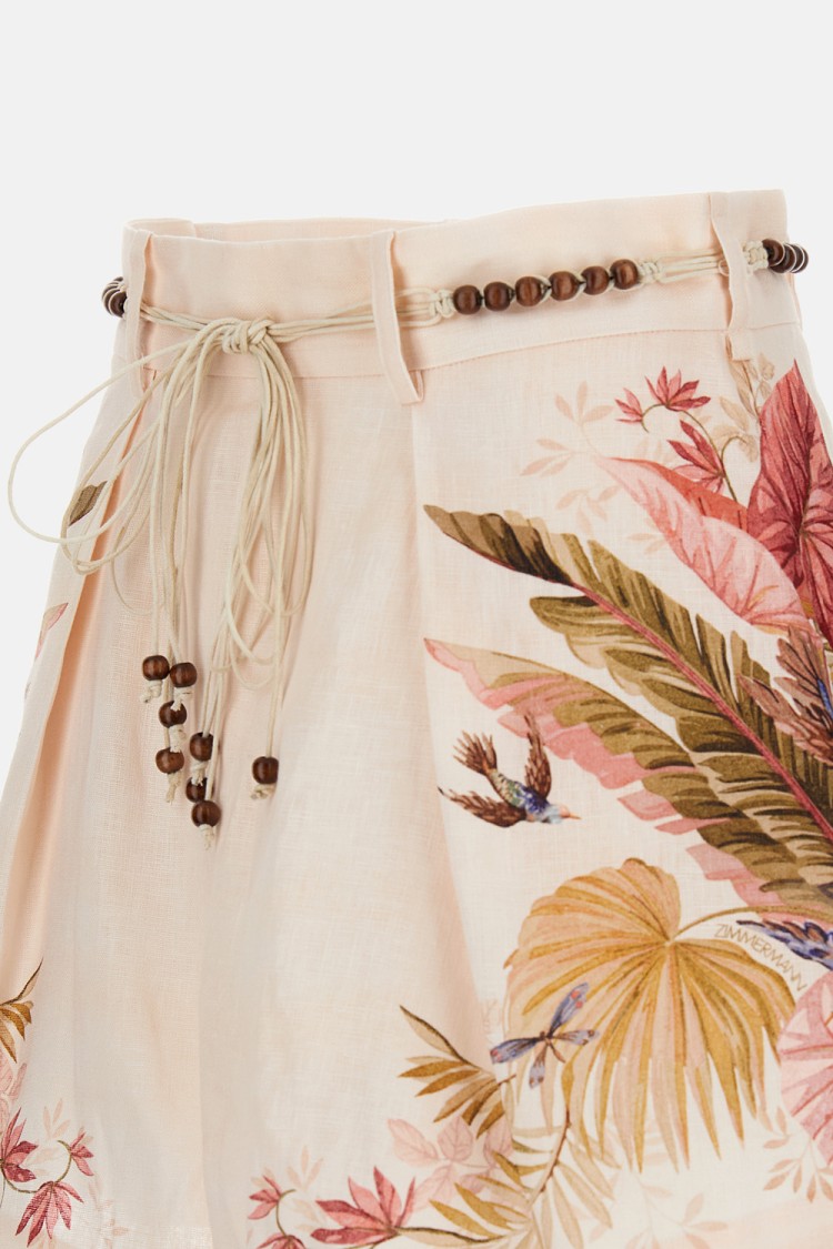 Zimmermann Floral Print Linen Shorts With Removable Waist Strap And Side Pockets In Multi