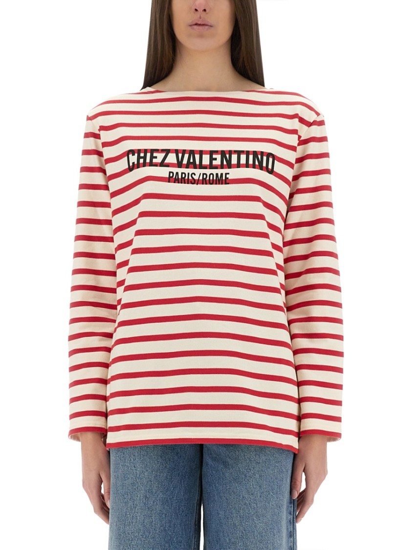 Valentino Striped Cotton Jersey Long Sleeve T-shirt Ivory And Red In Red