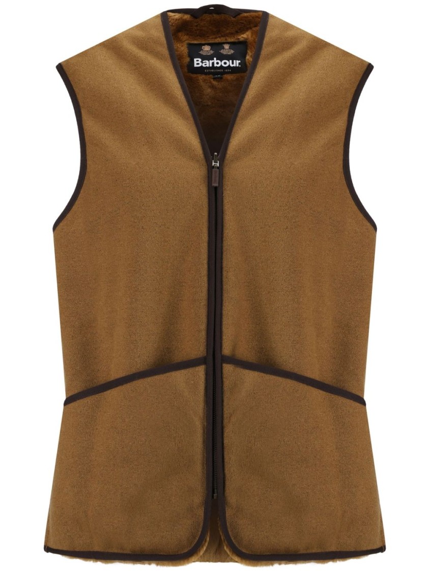 Barbour Sleeveless Tailored Jacket With Textured Fabric And Contrasting Trim In Brown
