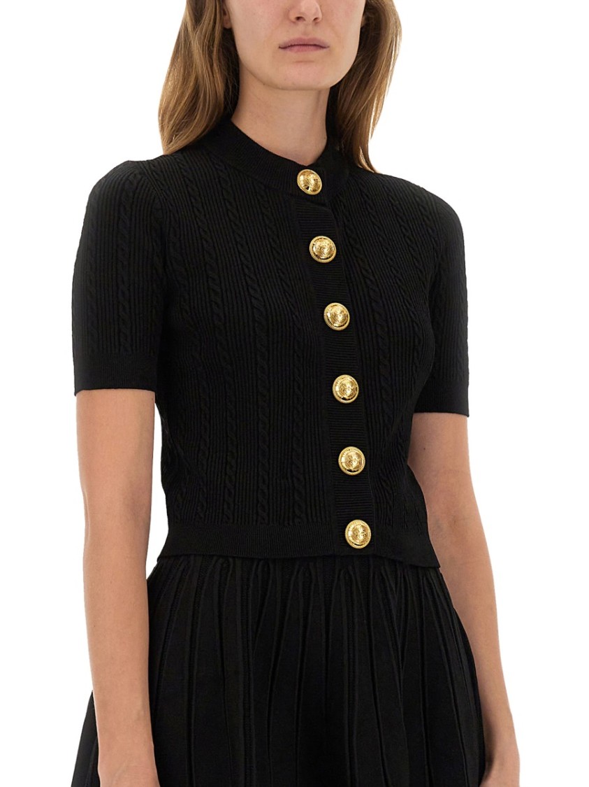 Balmain Textured Ribbed Knitted Cardigan With Button-up Front In Black